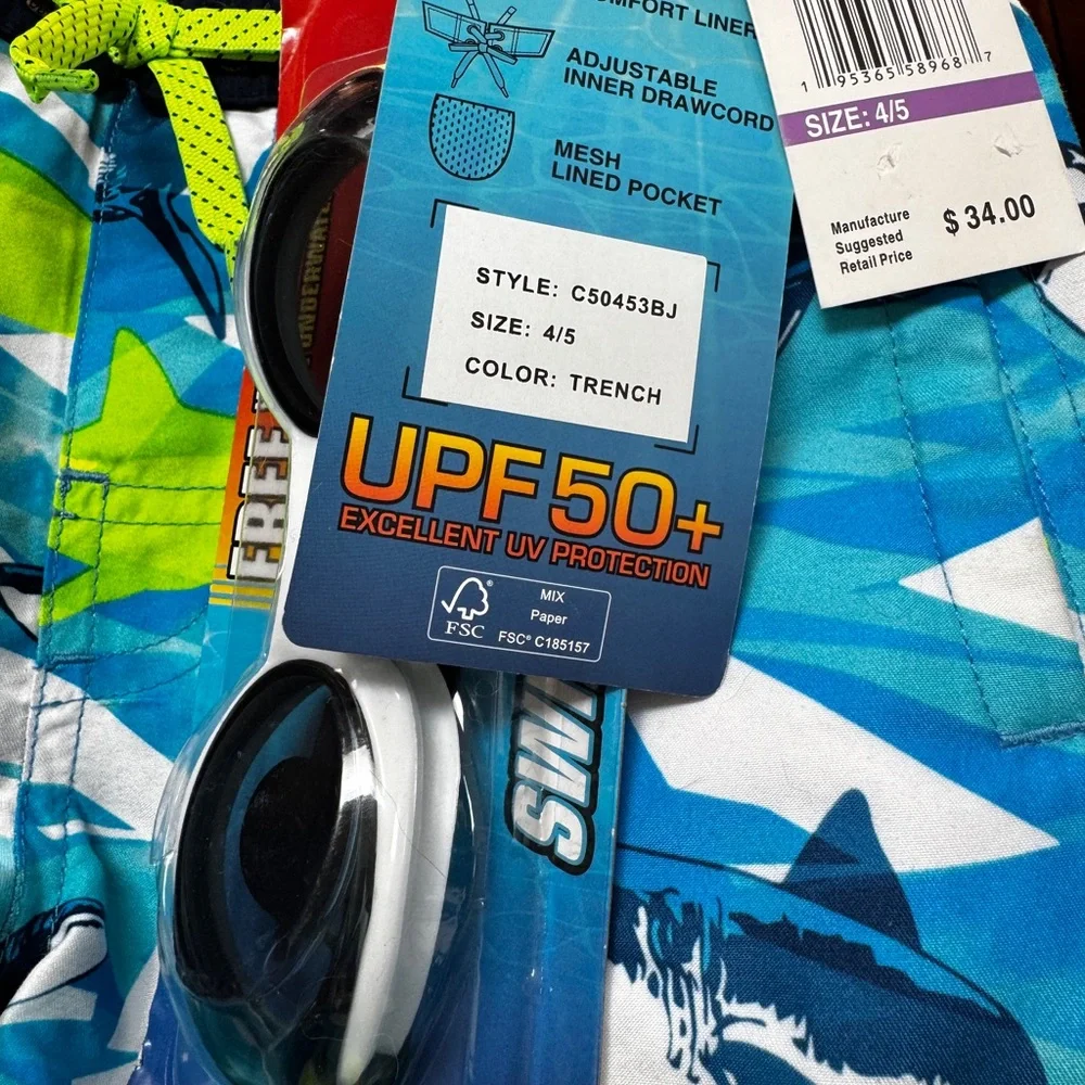 NWT Kids Shark Swim Trunks & Goggles Boys Sz 4 - 5 UV protect Zeroposur NEW - Picture 6 of 14